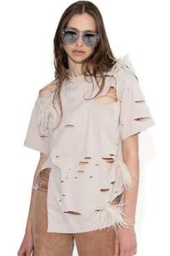 Marques ' Almeida Tops | Tops | DISTRESSED T-SHIRT WITH FEATHERS BEIGE