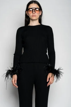 Marques ' Almeida Tops | Knitwear | MERINO WOOL FITTED TOP WITH FEATHERS BLACK
