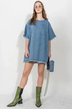 Marques ' Almeida Denim | Dresses | DENIM STUDDED CLASSIC T-SHIRT DRESS BLUE