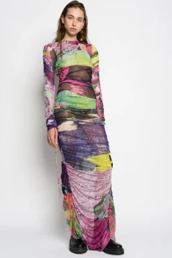 Marques ' Almeida Dresses | Dresses | GRAFFITI PRINT LONG GATHERED MESH DRESS MULTICOLOUR