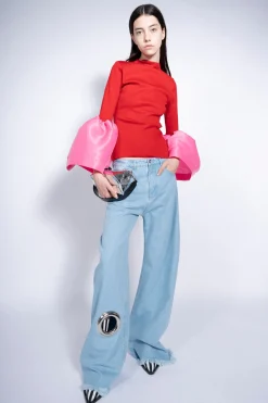 Marques ' Almeida Bottoms | Denim | LIGHT BLUE BOYFRIEND TROUSERS WITH BIG EYELET LIGHTBLUE