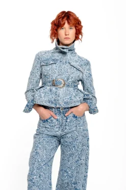 Marques ' Almeida Denim | Outerwear | LIGHT BLUE FITTED JACKET WITH EMBELLISHMENT BELT LIGHTBLUE