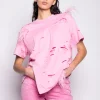 Marques ' Almeida Tops | Tops | DISTRESSED T-SHIRT WITH FEATHERS PINK