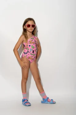Marques ' Almeida Swimwear | SQUIGGLE PRINT ONE-SHOULDER SWIMSUIT PINK