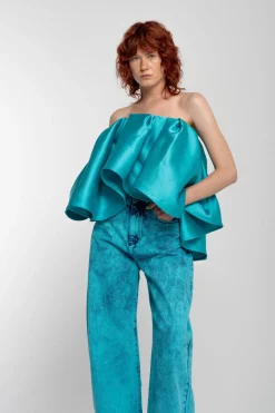 Marques ' Almeida Tops | Tops | PLEATED STRAPLESS TOP TURQUOISE