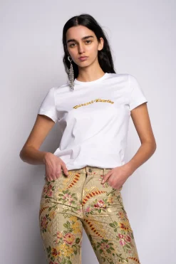 Marques ' Almeida Tops | Tops | CAP SLEEVE T-SHIRT WITH GOLD LOGO WHITE