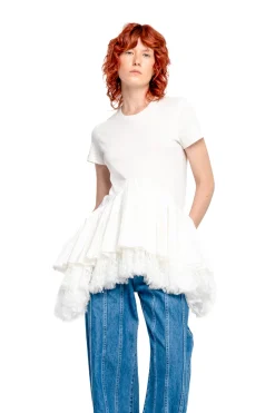 Marques ' Almeida Tops | CAP SLEEVE T-SHIRT WITH FRILL AND LACE HEM WHITE