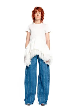 Marques ' Almeida Tops | CAP SLEEVE T-SHIRT WITH FRILL AND LACE HEM WHITE