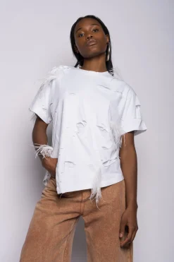 Marques ' Almeida Tops | Tops | LINED DISTRESSED T-SHIRT WITH FEATHERS WHITE