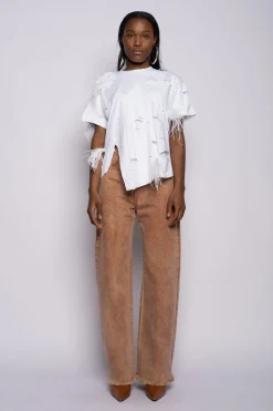 Marques ' Almeida Tops | Tops | LINED DISTRESSED T-SHIRT WITH FEATHERS WHITE