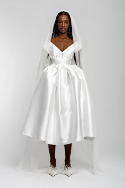 Marques ' Almeida Bridal | V NECK CINCHED PLEATED MIDI DRESS WHITE