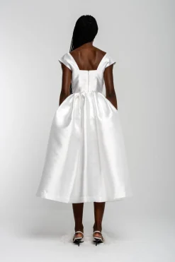 Marques ' Almeida Bridal | V NECK CINCHED PLEATED MIDI DRESS WHITE